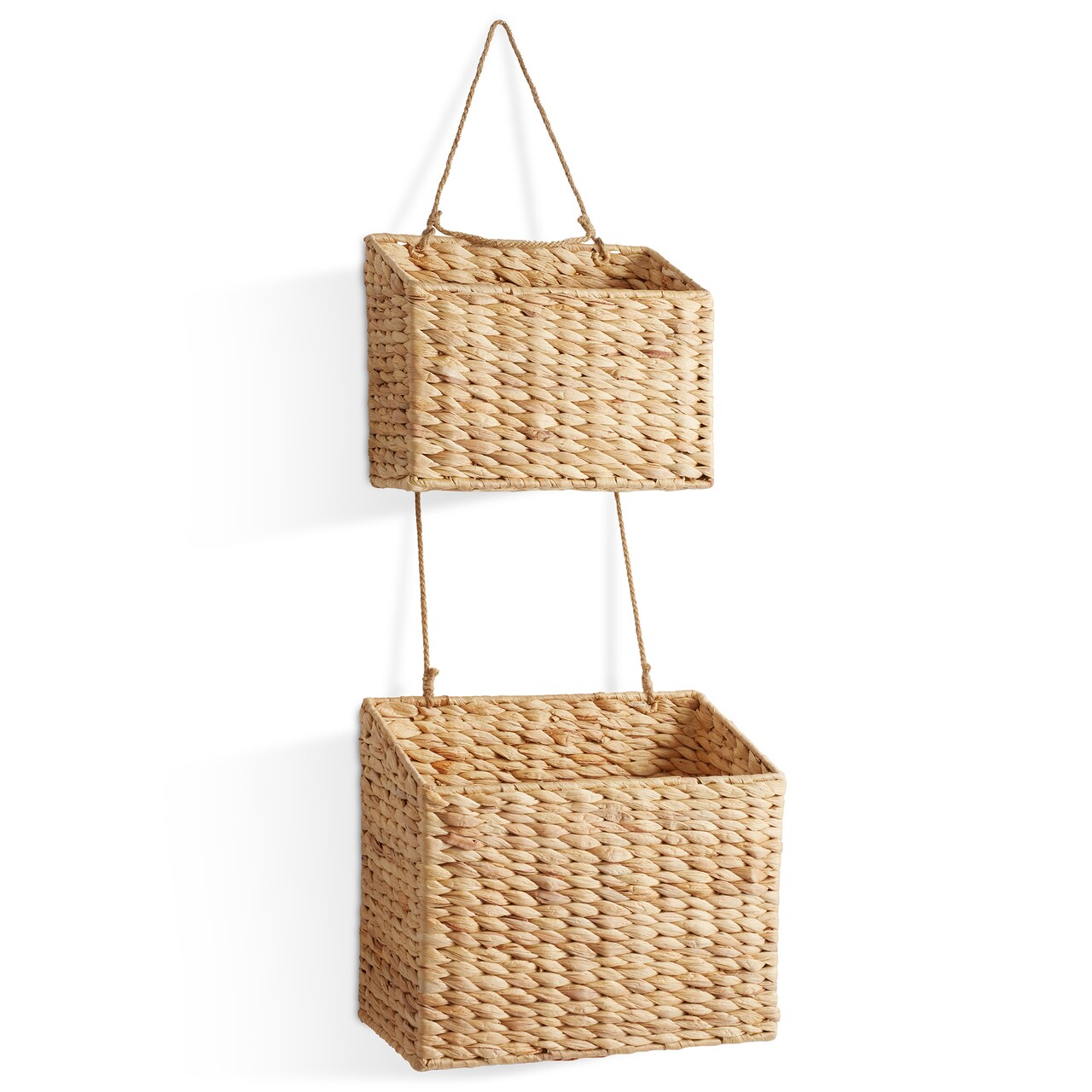 Casafield 2-Tier Hanging Storage Basket Set, Natural Boho Water Hyacinth Wall Basket Organizer for Kitchen Pantry, Home Office, Entryway, Bathroom